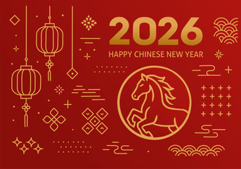 Chinese New Year 2026 Horse Line Art Illustration in Red and Gold
