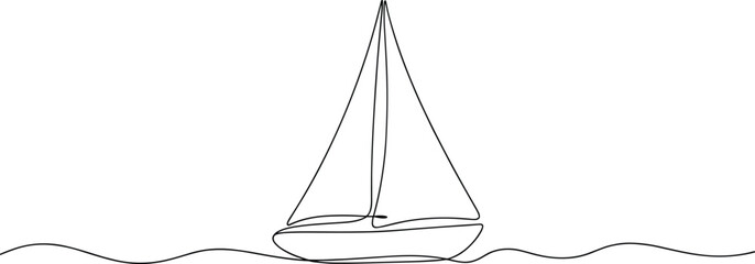 Fototapeta premium Black line drawing of a sailboat on wavy water sailing