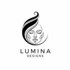 Elegant logo featuring a minimalist line drawing of a womans face with flowing hair.