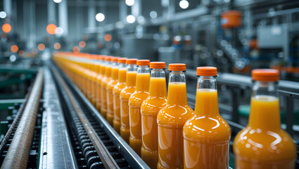 Orange juice bottles conveyor belt factory industrial fresh bright liquid machinery equipment production line generative AI