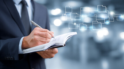 Business Executive Note Taking: An executive in a sharp suit meticulously documents notes in a detailed notebook. His focused attention and sharp attention highlight professional business.