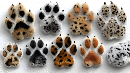 Furry Animal Paw Prints with Claws in Brown, Black, and White Colors on White Background