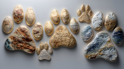 Textured Paw Print Pattern Gold and Stone Colors on Gray Background
