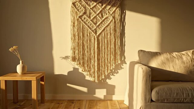 Living room decor with macrame wall hanging and cozy sofa