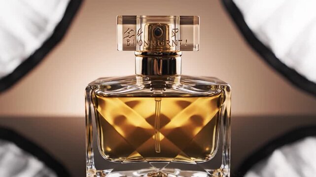 Close-up of a square glass perfume bottle with a golden liquid inside and a decorative cap, set against a soft, blurred background.