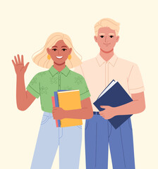 Two cheerful friends greet the viewer, holding colorful notebooks, surrounded by a vibrant barbecue setup ideal for enjoying good times and delicious food.