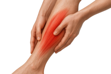 Calf muscle pain highlighted with hands isolated on white background