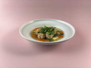 Homemade Meatball Vegetable Soup with Herbs in Ceramic Plate - for themes of cooking, homemade food, comfort meals, healthy eating, recipe blogs, menu design and editorial culinary content.