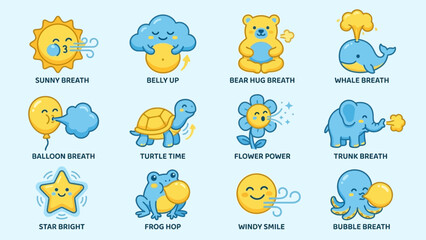 Adorable Cartoon Breathing Exercises for Children with Cute Animal Characters and Nature Elements