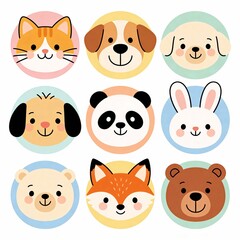 Fototapeta premium Nine cute animal face icons in pastel circles: cat, two dogs, panda, rabbit, fox, polar bear, brown bear. Simple kawaii style for kids stickers, branding, nursery decor, print and web.