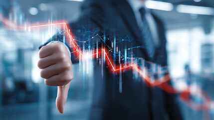 Market Downturn: A suited individual, their downward thumb gesture mirroring the descending red graph, embodying the palpable sense of market distress and financial uncertainty.