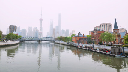 Waibaidu Bridge, church, Pearl tower with fog at the Bund, Shanghai