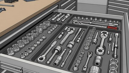 Organized Tool Drawer with a Wide Array of Wrenches and Sockets.
