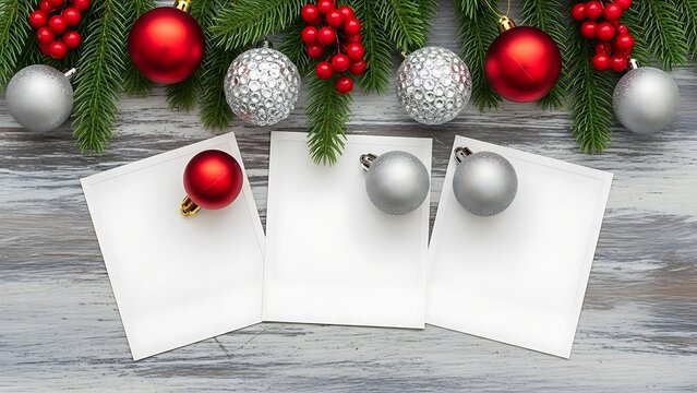 Christmas decorations and blank papers for holiday wishes or gift tags on a rustic wooden background