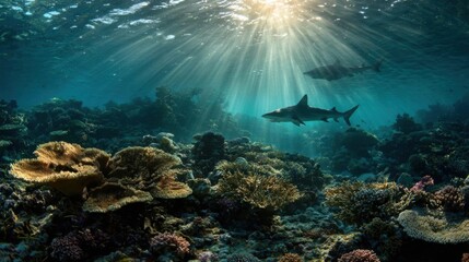 Underwater scene with shark swimming above a vibrant coral reef with sun rays.