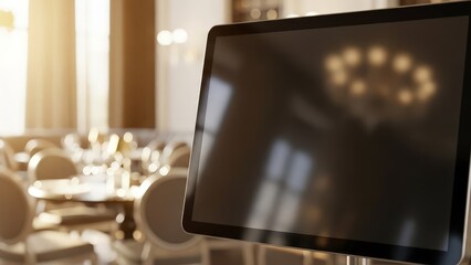 Modern digital display screen in a bright, blurred setting