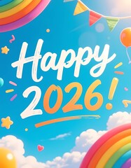 A festive scene shows colorful balloons, rainbows, and stars in the sky. The message for the year 2026 is prominently displayed. It creates a cheerful mood for celebrations Generative AI