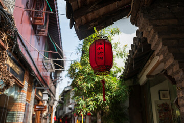 Red lantern hanging on shop ceiling at Zhujiajiao water town, Shanghai