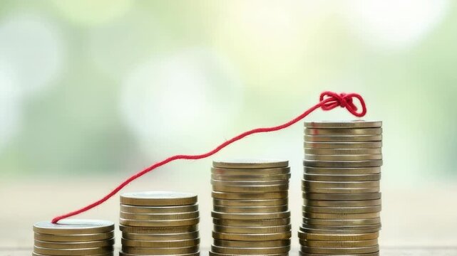 Video A stack of coins with a red string tied around the top, possibly indicating wealth or savings