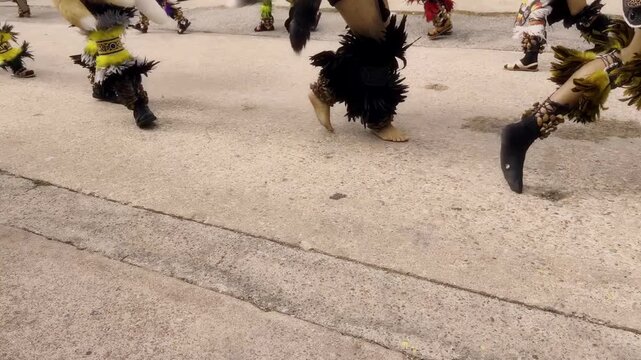 Celebratory group wearing bright attire performs synchronized steps lively