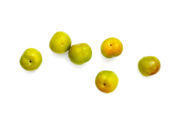 Fresh green plum fruit on white background.