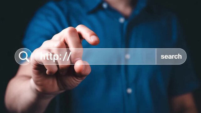 Hand Touching Search Bar with Http Text and Search Button on Blue Shirt Generated with Ai Background image photo
