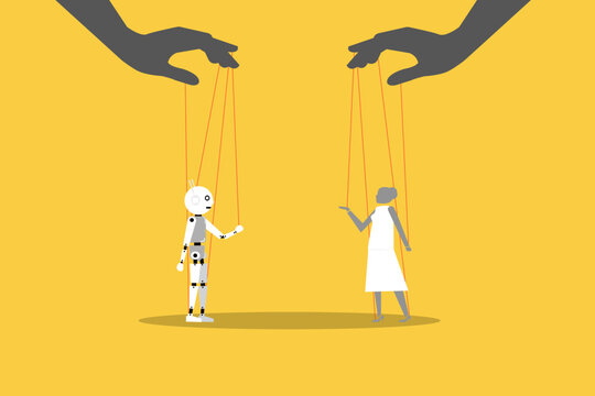 Controlling business woman and Artificial Intelligence with strings from a giant hand manipulating their moves