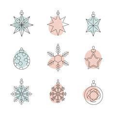 A festive collection of minimalist Christmas tree ornaments. Thin line icons of snowflakes and stars with abstract pastel color accents for holiday decoration