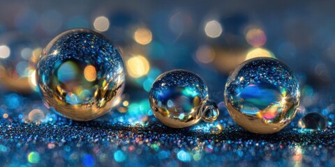 Macro shot of water droplets reflecting colorful bokeh lights on a glittery surface.