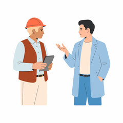 Two construction professionals engage in a discussion, with one holding a tablet, symbolizing teamwork and technology in modern construction and project management.
