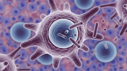 Microscopic view of a virus attacking a cell, illustrating an immune response.