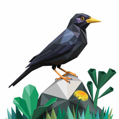 A modern low-poly style illustration of a bird perched on a geometric rock, blending nature with abstract art for a striking visual effect.