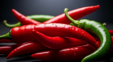 Vibrant Red and Green Chili Peppers Close-Up Macro Shot.