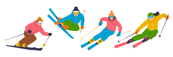 An energetic illustration of four colorful skiers performing various skiing actions against a snowy backdrop, capturing the thrill and joy of winter sports and outdoor adventures.