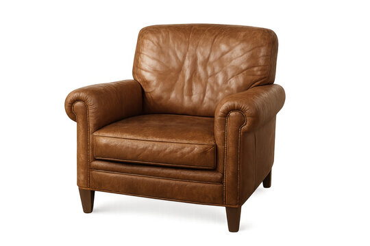 Brown leather armchair, a single comfortable club chair, classic furniture for living room or office, transparent background