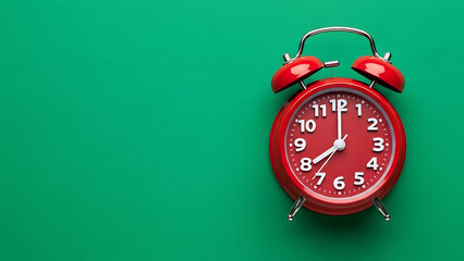 Top view flat lay red alarm clock on green background with copy space 34904459 1