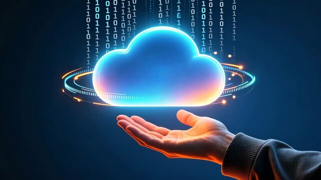 Hand holding glowing holographic cloud with binary code showing secure tech, data security, cloud network