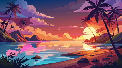 A picturesque tropical shoreline at dusk featuring palm trees and a radiant sunset sky mirrored on smooth ocean water. Serene, colorful, and perfect for a relaxing screensaver background