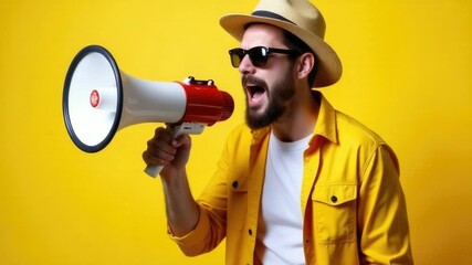 Video A person with a hat and sunglasses holds a megaphone, suitable for use in promotional or public speaking situations