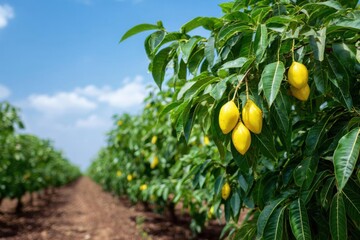 Lush Mango Orchard Under a Bright Blue Sky.