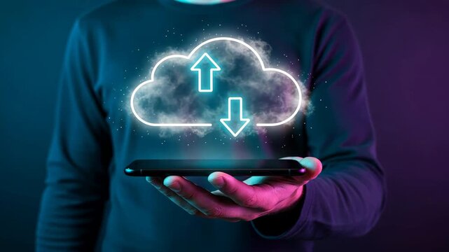 Hand holding smartphone with holographic cloud and arrows, showing data sync and digital cloud network data security