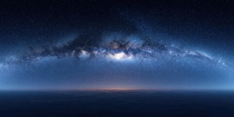 Panoramic View of the Milky Way Galaxy Arching Over a Calm Horizon.