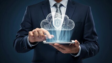 Businessman holding smartphone under glowing cloud shield hologram icon, symbolizing secure cloud network and data security - Powered by Adobe