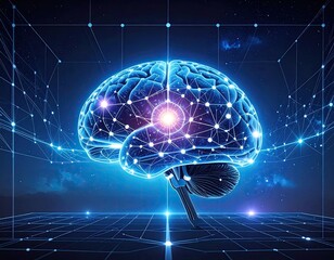 A glowing, stylized human brain, connected by neural networks, set against a digital galaxy
