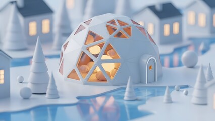 Cozy white geodesic dome igloo illuminated with warm light in a miniature snowy village landscape setting during winter