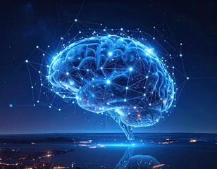 Glowing digital brain surrounded by interconnected network nodes, showcasing cognitive science