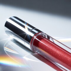 A close-up of a shiny lip gloss tube with a sparkling red liquid inside, reflecting light on a smooth surface.