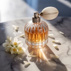 A vintage perfume bottle sits elegantly on a marble surface, surrounded by delicate flower petals, capturing a moment of beauty and refinement.