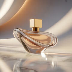 A stylish perfume bottle with a unique design, placed elegantly on a marble surface, reflecting soft light and creating an inviting ambiance.
