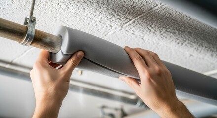 Hands smoothing foam pipe insulation along a hot water pipe running across a ceiling minimizing heat loss in plumbing infrastructure.